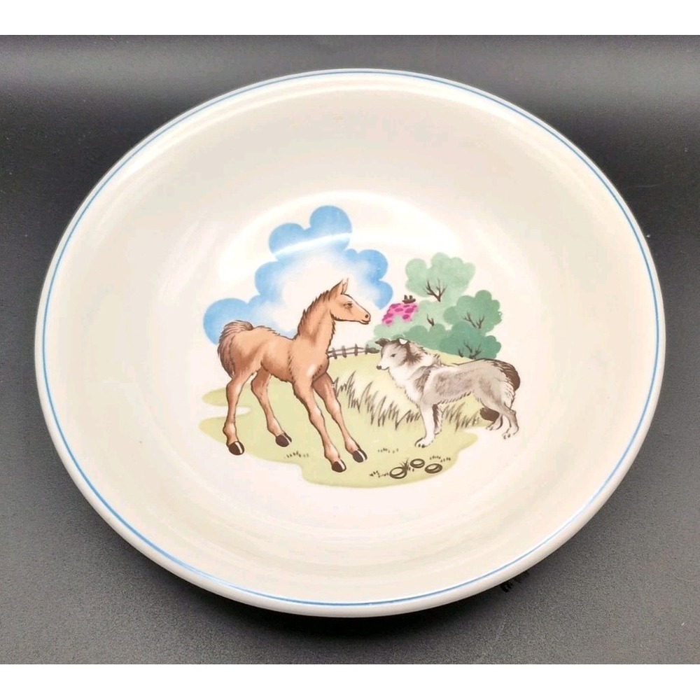 MCM Copeland Spode Pets Farm Vintage Childs Bowl Pony Horse Dog Pasture - 03365